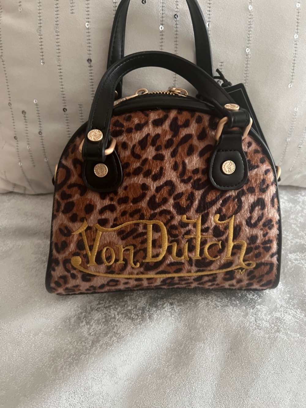 Von Dutch Leopard-Print Mini Dome Bag in Brown and Black with Gold Logo
